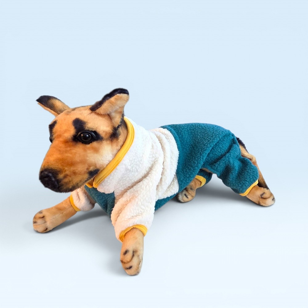 Two Tone Sherpa Fleece Dog Pajamas Teal Cream Pet Onesie with D-Ring Size Small - Picture 2 of 9
